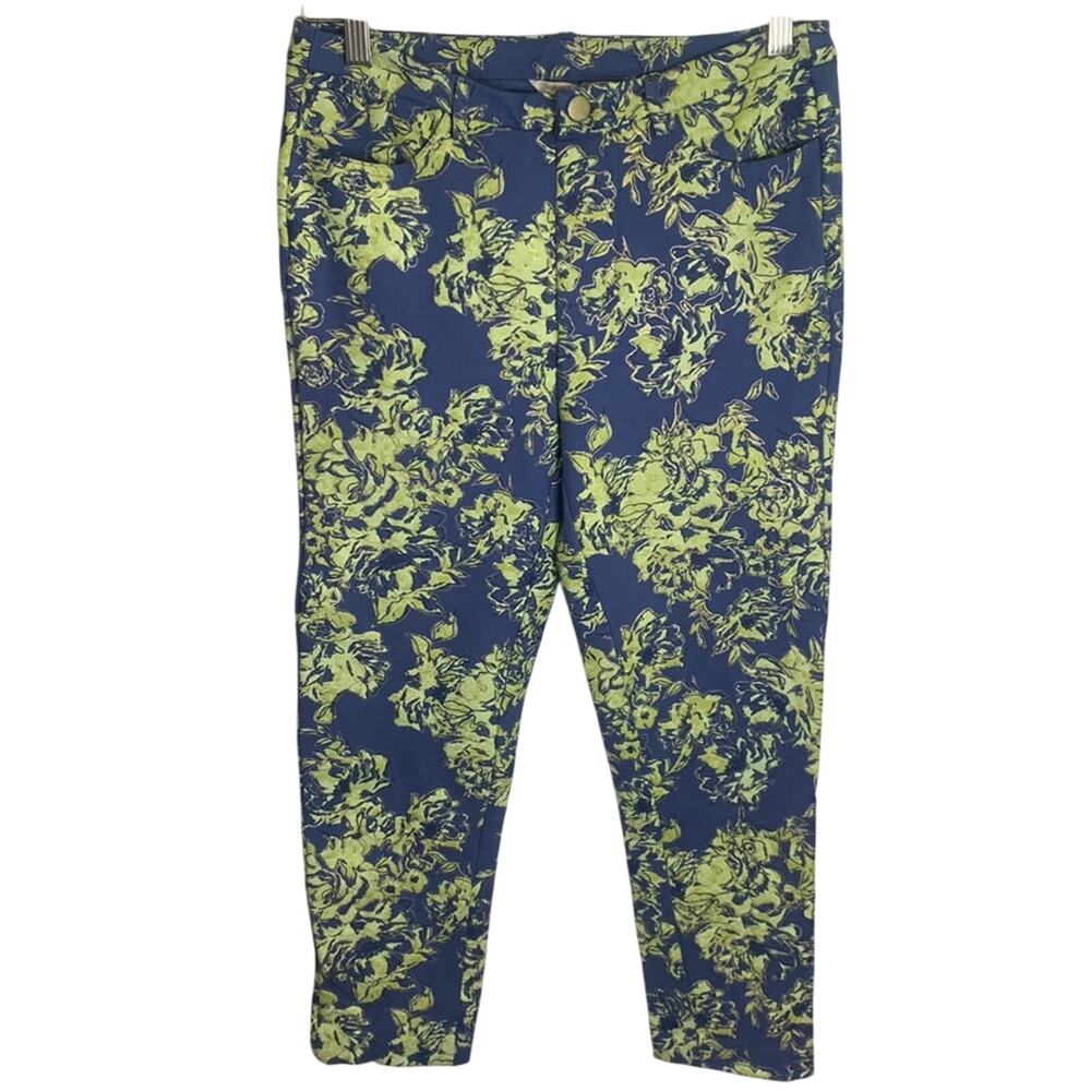 Soft Surroundings Elisabetta Blue Green Floral Gold Detail Pants W-045 Sz XS